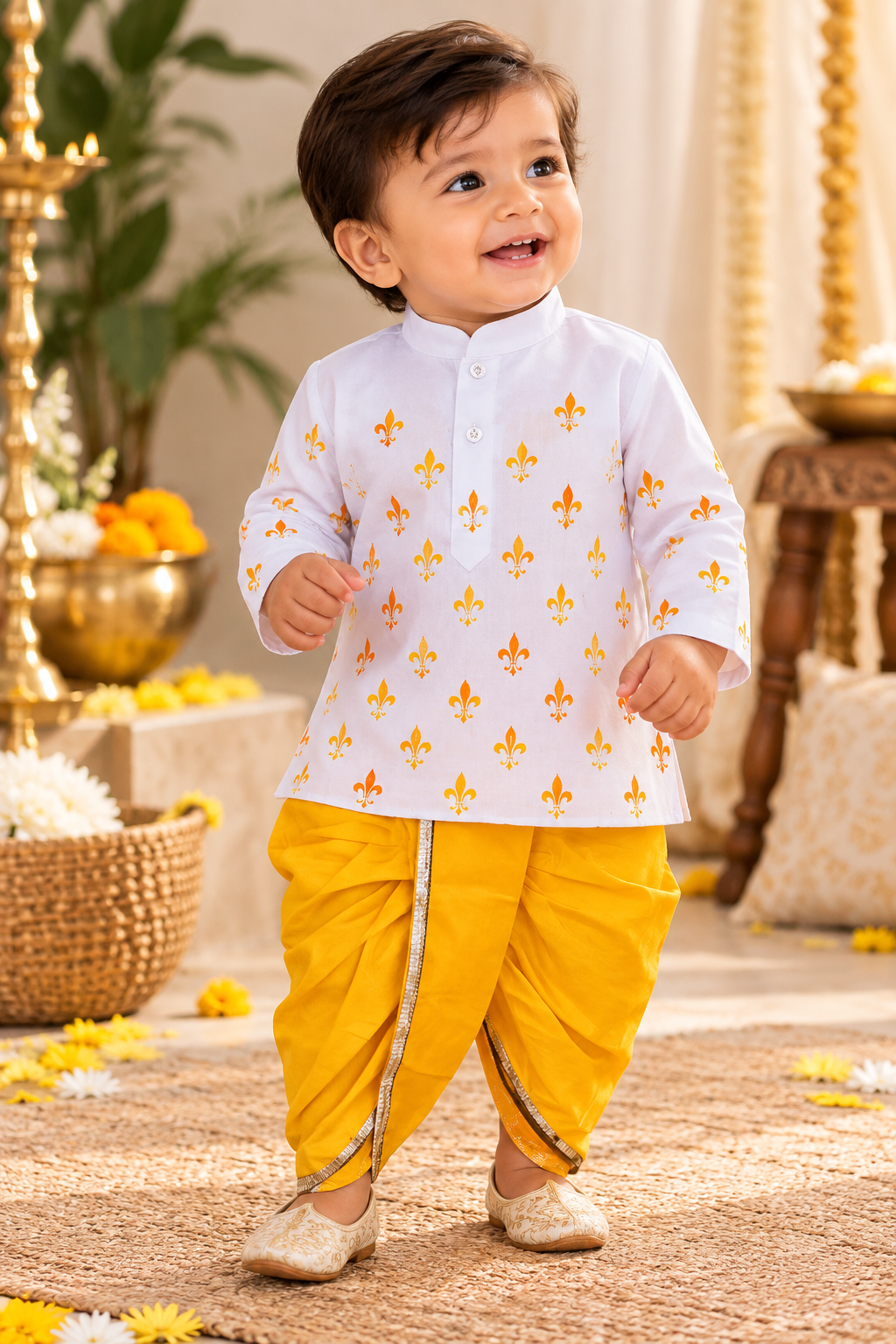 White kurta and yellow dhoti for baby boy