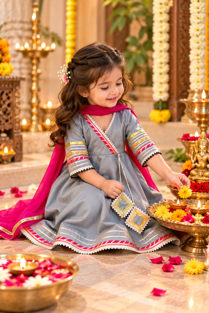 a Cute Girl doing pooja in Grey Gota Patti Anarkali Kurta Palazzo Set