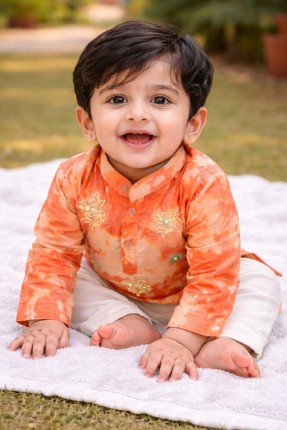 Hovea Boys Peach Ethnic Wear Tie n Dye kurta Pajama Set