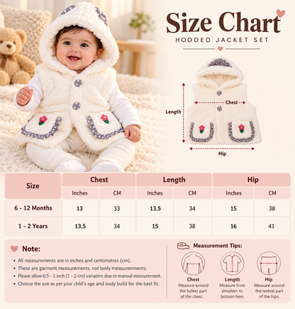 Baby Girls Fluffy Hooded Winter Jacket with Ears & Floral Pockets | Pink & Cream