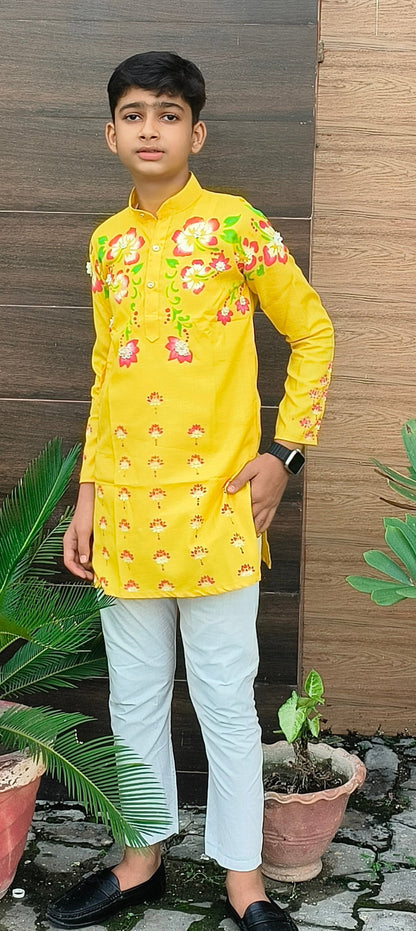 Happyjunglee Boys Yellow Hand Painted Kurta Set | Kids Cotton Festive Ethnic Wear