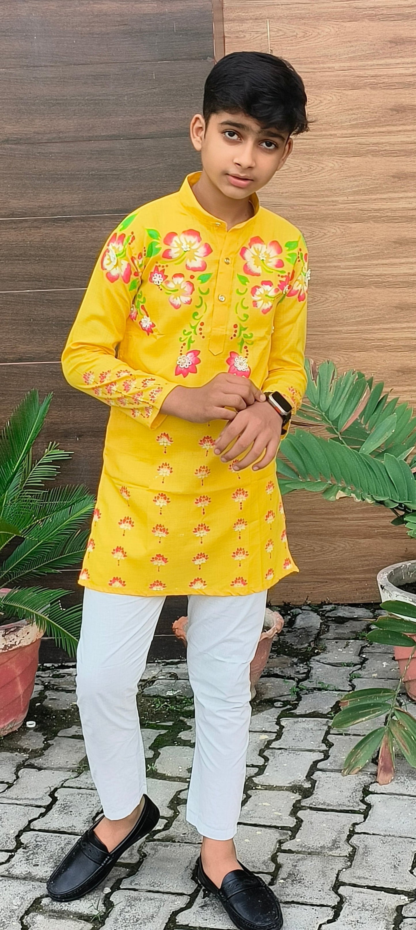 Happyjunglee Boys Yellow Hand Painted Kurta Set | Kids Cotton Festive Ethnic Wear