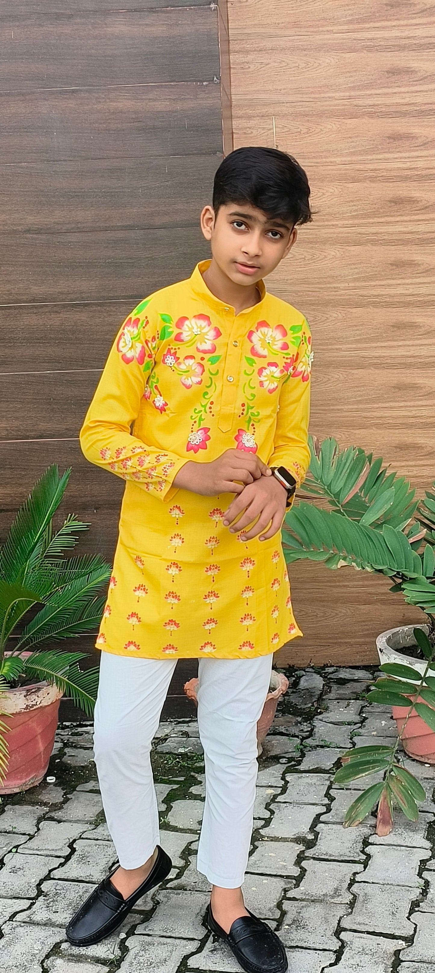 Happyjunglee Boys Yellow Hand Painted Kurta Set | Kids Cotton Festive Ethnic Wear