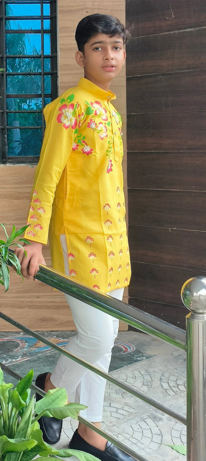 Happyjunglee Boys Yellow Hand Painted Kurta Set | Kids Cotton Festive Ethnic Wear