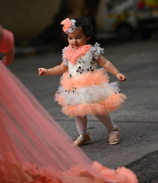 Babynjungle kids 1st Birthday Party Wear Peach Net Ruffles Frock Gor Girls
