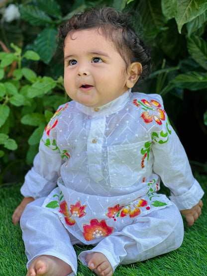 Happyjunglee Hand Painted Cotton Chickenkari Kurta Set for Boys (0–10 Yrs)