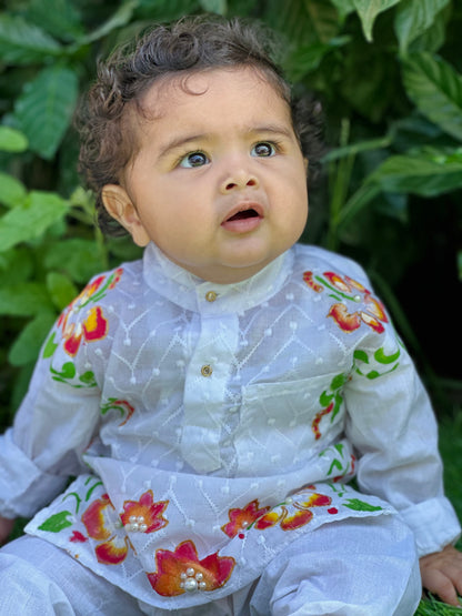 Happyjunglee Hand Painted Cotton Chickenkari Kurta Set for Boys (0–10 Yrs)