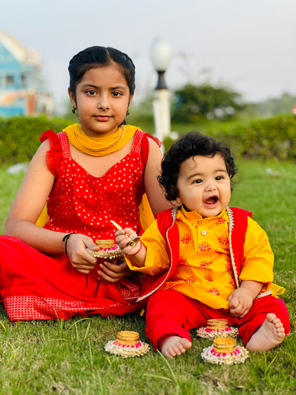 Boys straight style cotton Yellow kurta with Red jacket and pyjama