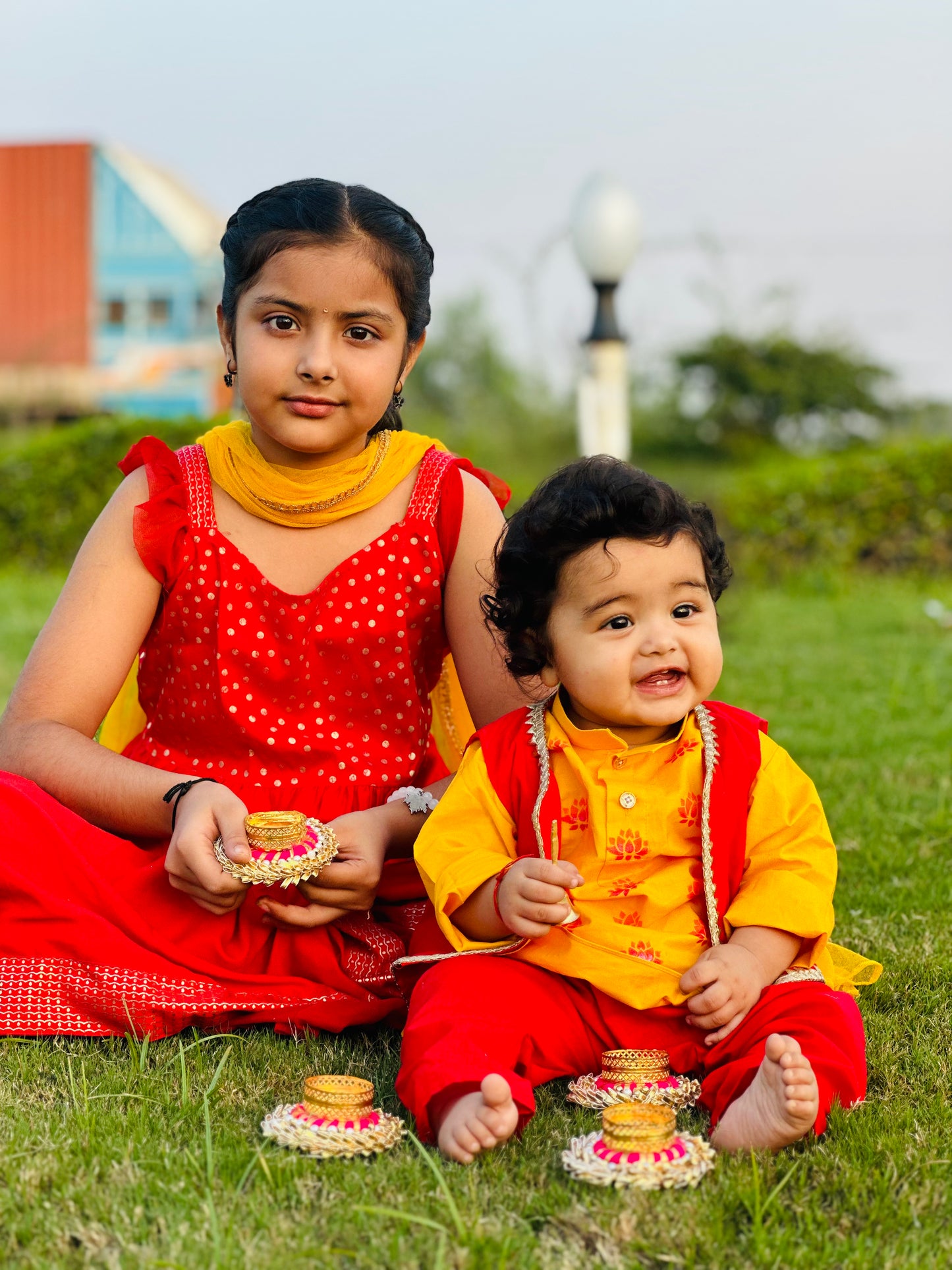 Boys straight style cotton Yellow kurta with Red jacket and pyjama
