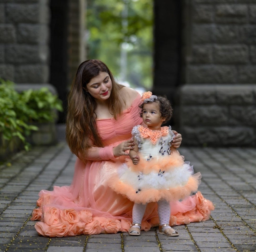 Babynjungle kids 1st Birthday Party Wear Peach Net Ruffles Frock Gor Girls