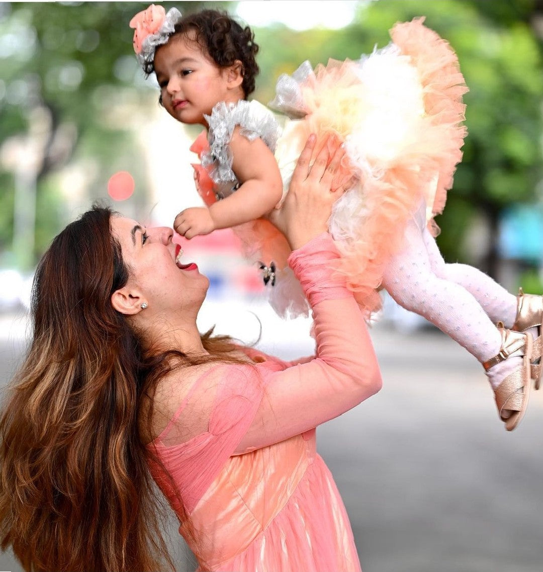 Babynjungle kids 1st Birthday Party Wear Peach Net Ruffles Frock Gor Girls
