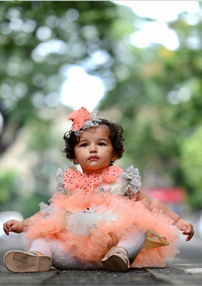 Babynjungle kids 1st Birthday Party Wear Peach Net Ruffles Frock Gor Girls