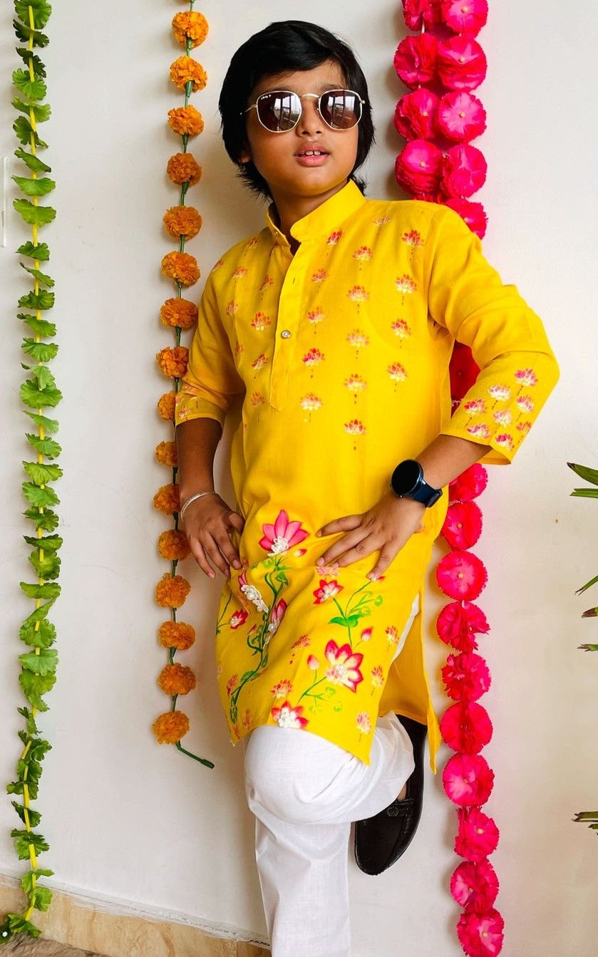 Happyjunglee Kids Floral Hand Painted Kurta Set for Boys – Cotton Traditional Wear