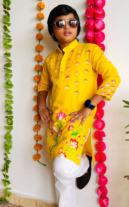Happyjunglee Kids Floral Hand Painted Kurta Set for Boys – Cotton Traditional Wear
