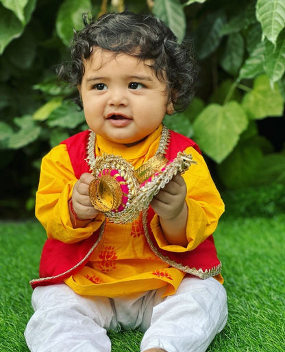 Boys straight style cotton Yellow kurta with Red jacket and pyjama