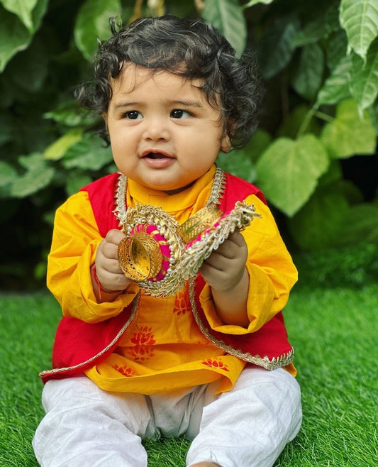 Boys straight style cotton Yellow kurta with Red jacket and pyjama