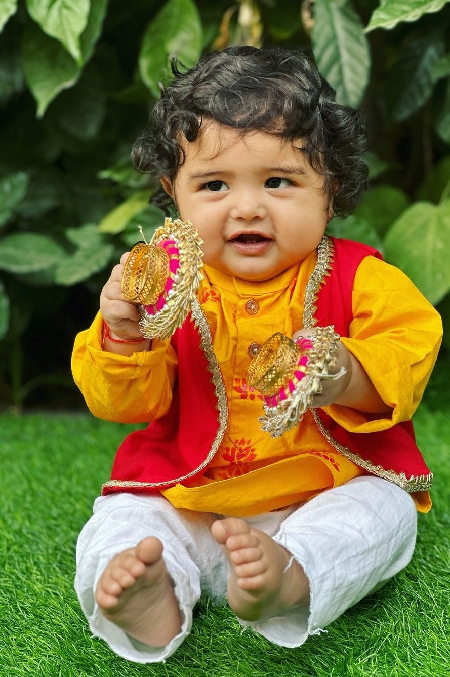Boys straight style cotton Yellow kurta with Red jacket and pyjama