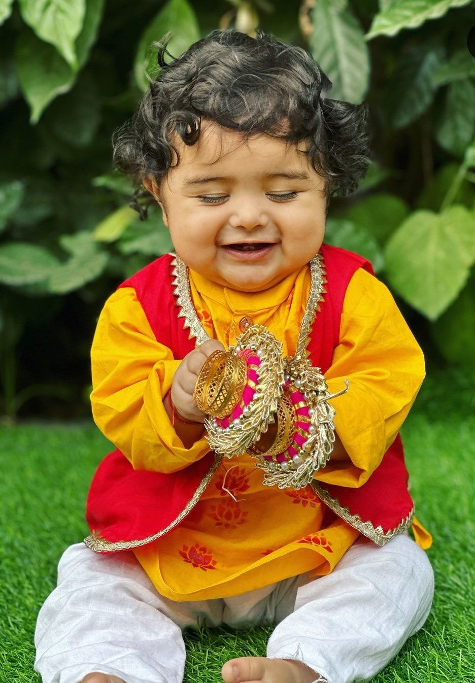 Boys straight style cotton Yellow kurta with Red jacket and pyjama