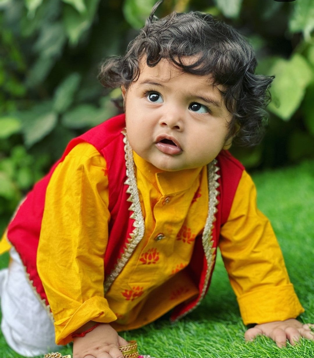 Boys straight style cotton Yellow kurta with Red jacket and pyjama