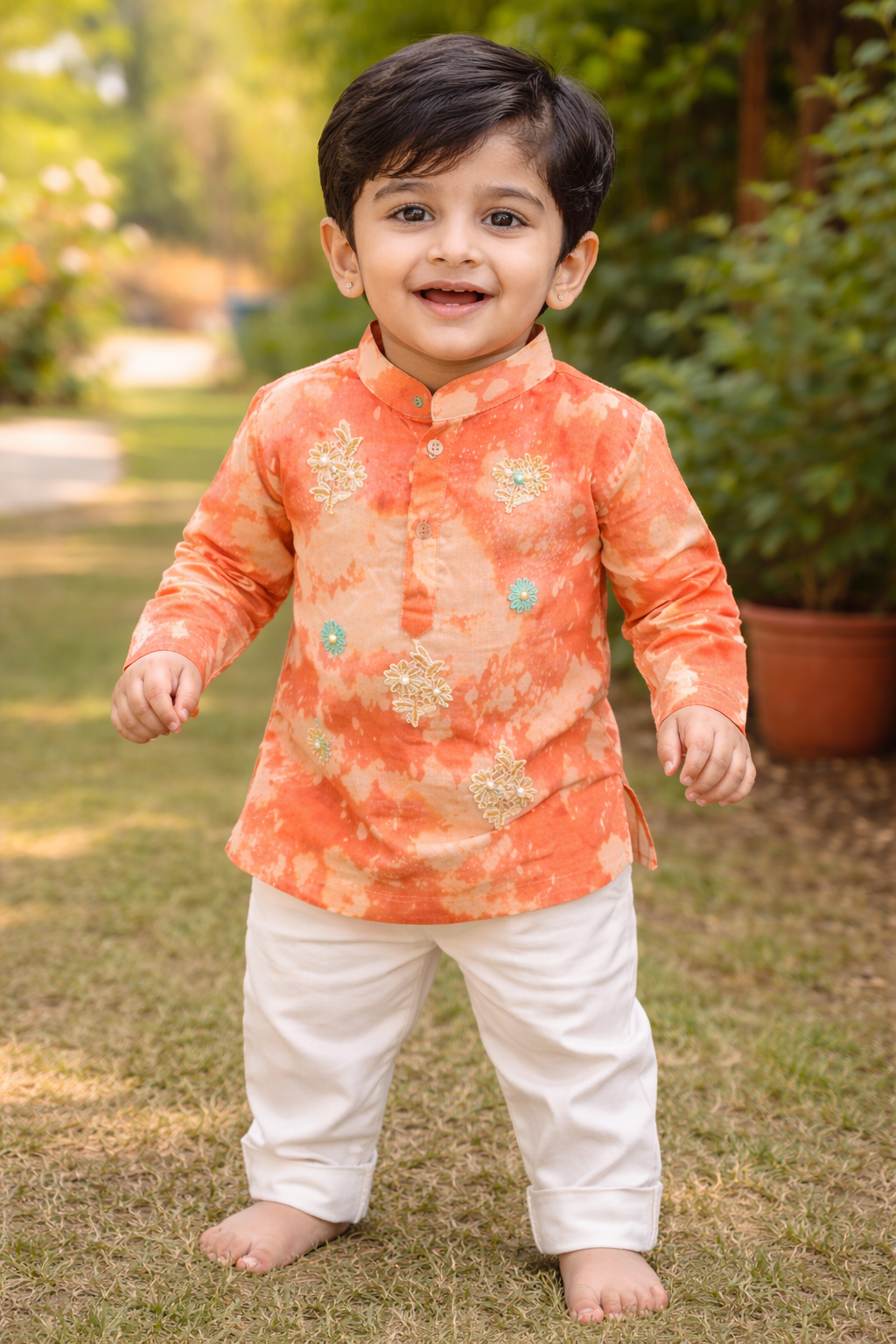 Orange Tie Dye Cotton Kurta Set for Boys | Festive Kurta Pajama for Baby & Kids