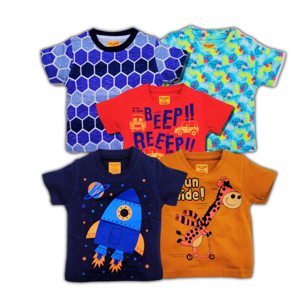 Babynjungle Multicolour Pack of 5 Kids 100% Cotton Tshirt for Boys