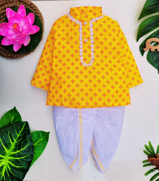 babyNjungle -Infant-Toddler-100% cotton yellow printed Ethnic Wear dhoti kurta set for Boys