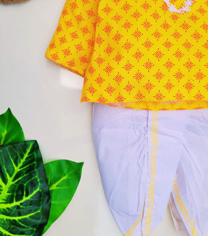 babyNjungle -Infant-Toddler-100% cotton yellow printed Ethnic Wear dhoti kurta set for Boys
