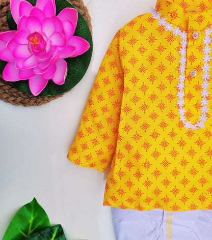 babyNjungle -Infant-Toddler-100% cotton yellow printed Ethnic Wear dhoti kurta set for Boys
