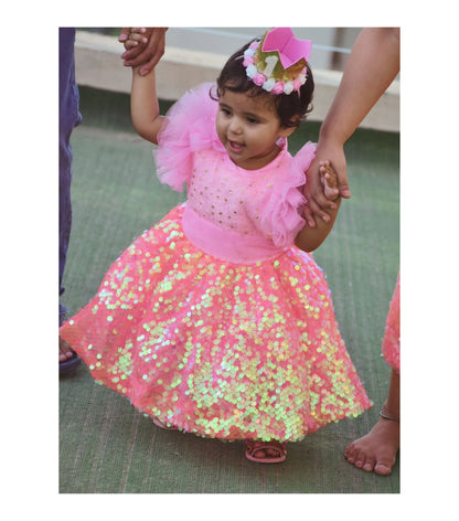 Babynjungle First Birthday  Pink Sequence Partywear Frock for Girls