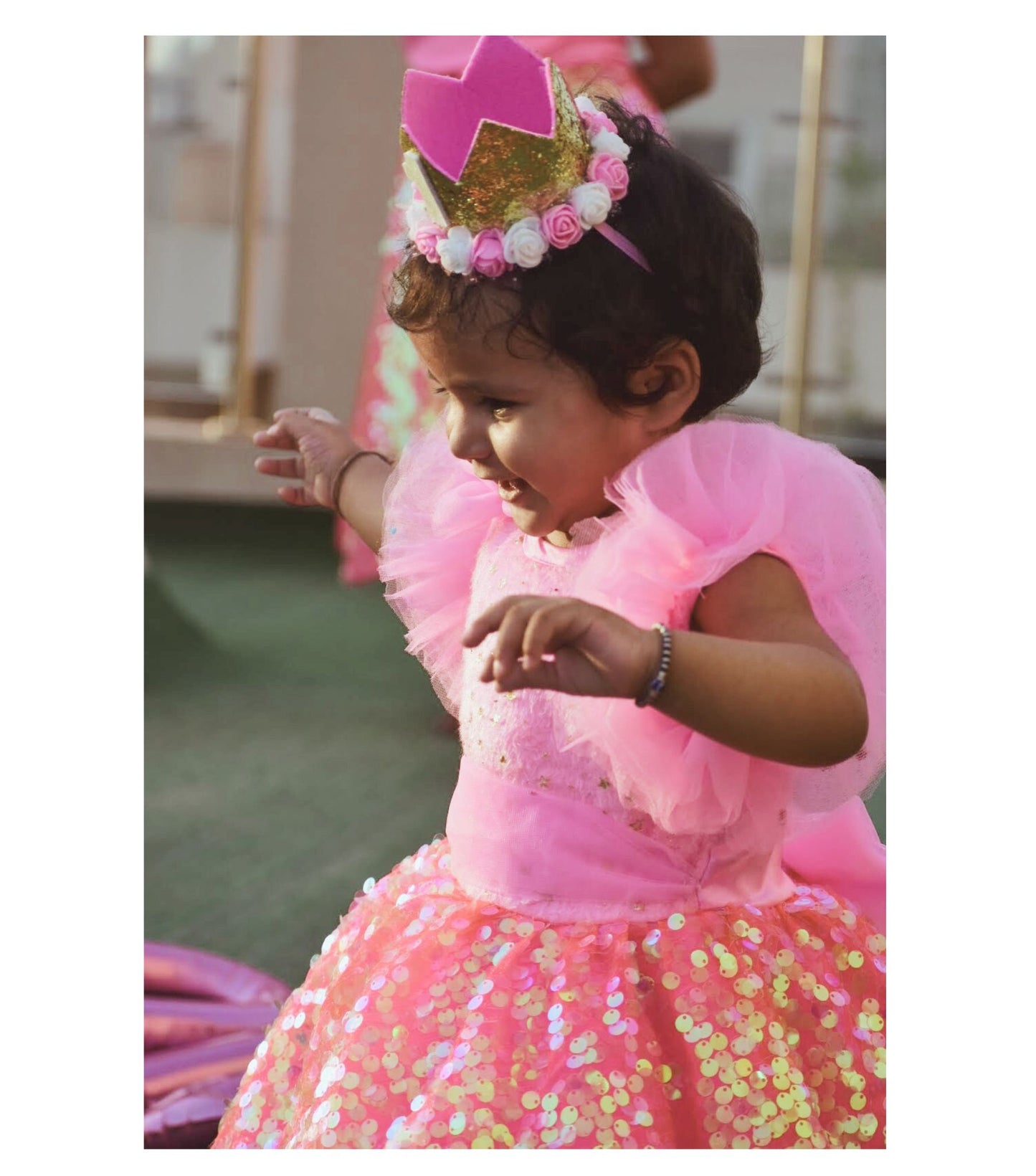 Babynjungle First Birthday  Pink Sequence Partywear Frock for Girls