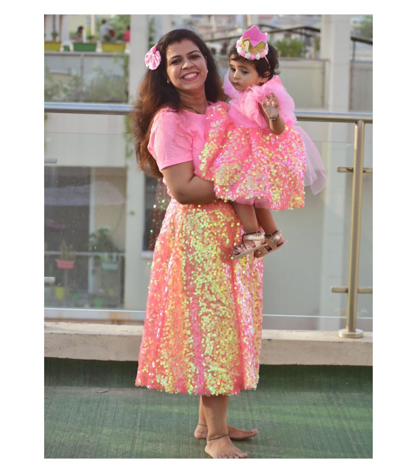 Babynjungle First Birthday  Pink Sequence Partywear Frock for Girls