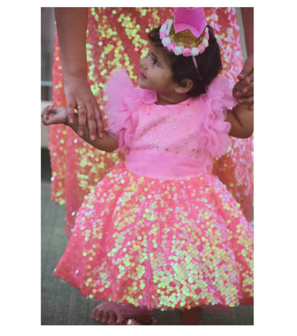 Babynjungle First Birthday  Pink Sequence Partywear Frock for Girls
