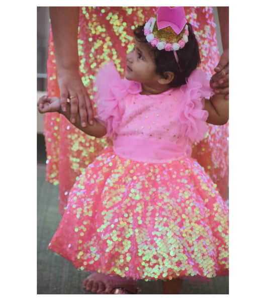 Babynjungle First Birthday  Pink Sequence Partywear Frock for Girls