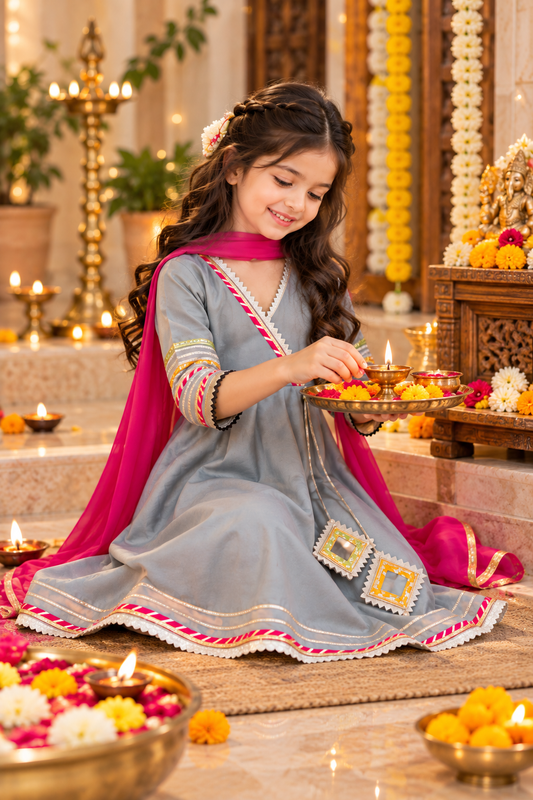 a girl doing pooja in Grey Gota Patti Anarkali Kurta Palazzo Set