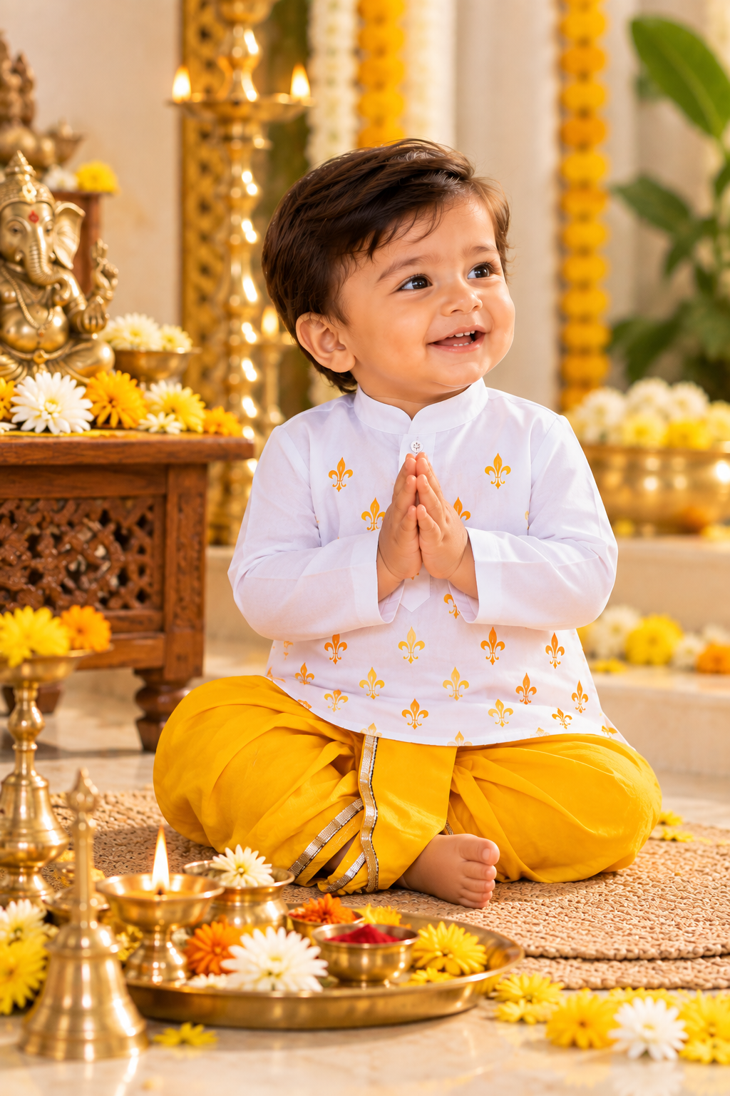 a boy wearing White kurta and yellow dhoti 