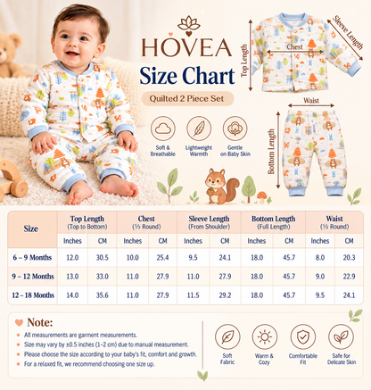 Baby Unisex Quilted Winter Co-Ord Set with Cute Forest Animal Print – Full Sleeve Top & Bottom