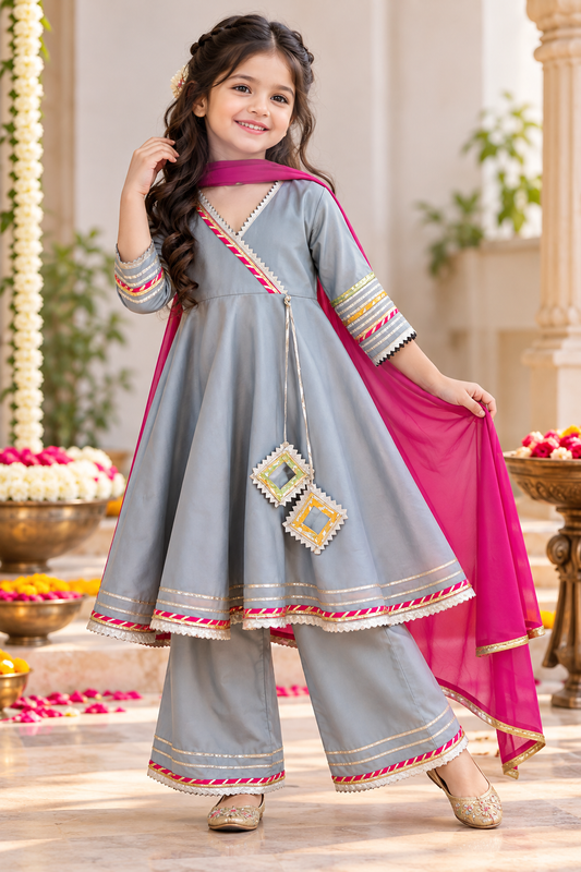 a girl wearing Grey Gota Patti Anarkali Kurta Palazzo Set