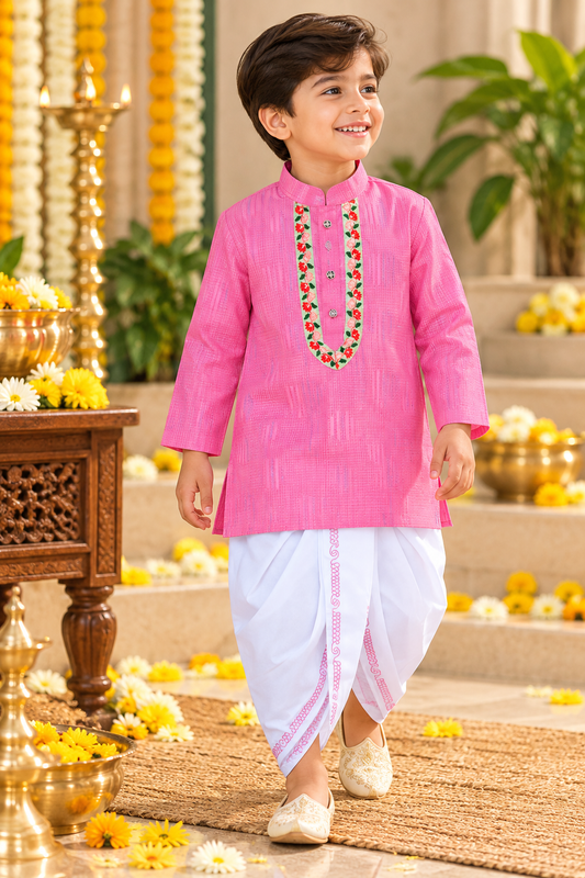 A boy is wearing pink  Dhoti kurta for boys