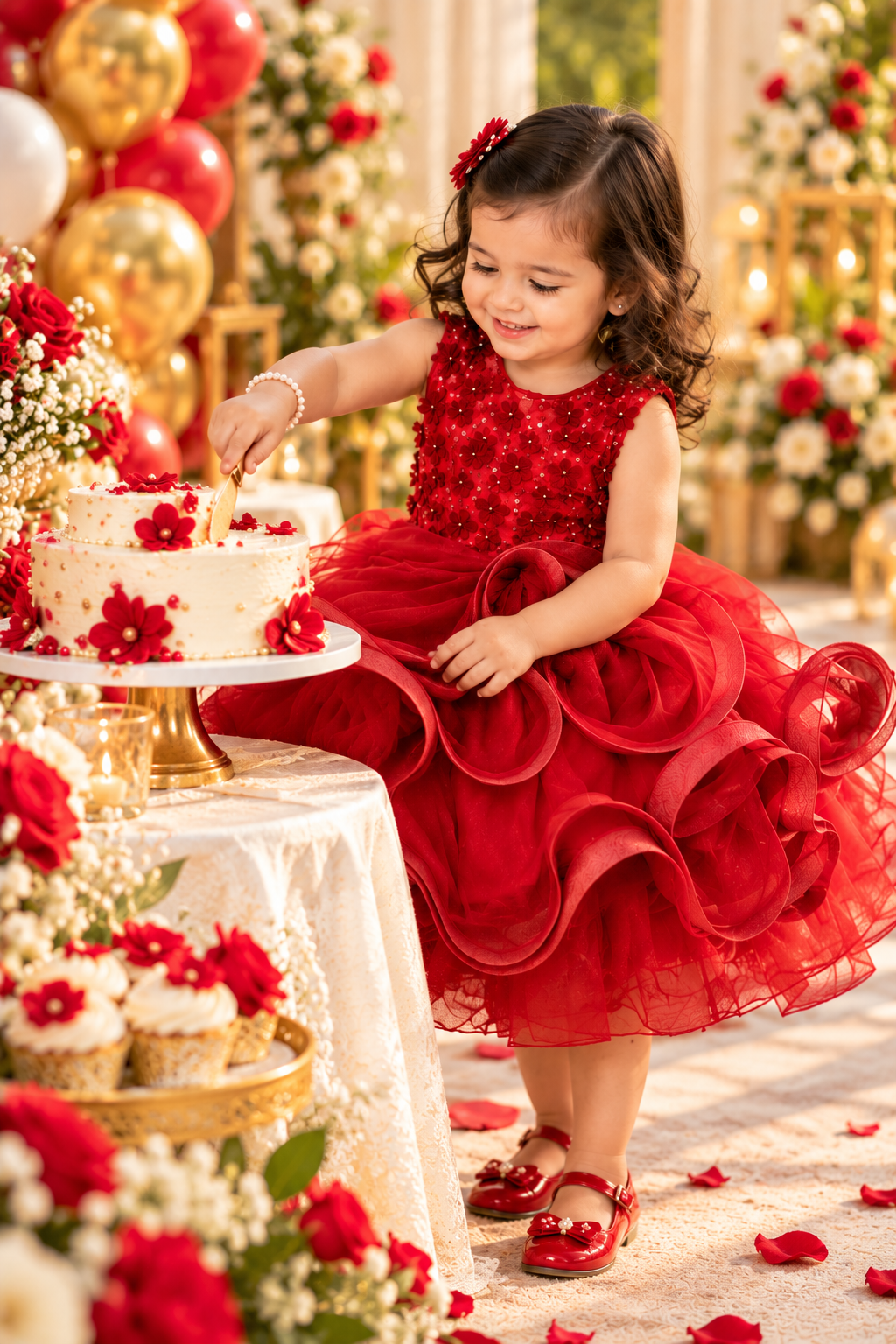 Little girl wearing red ruffle party dress while cutting birthday cake