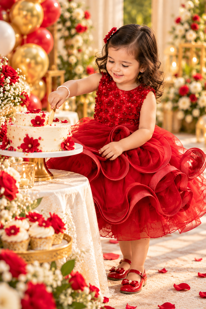 Little girl wearing red ruffle party dress while cutting birthday cake