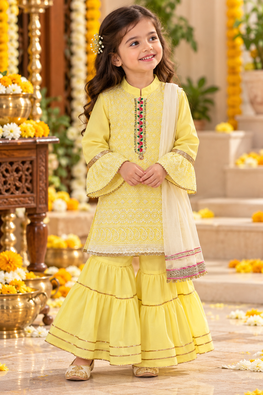 beautiful 4 year girl wearing Hovea Cotton Chickenkari Ethnic Partywear Sharara kurta Set for girls