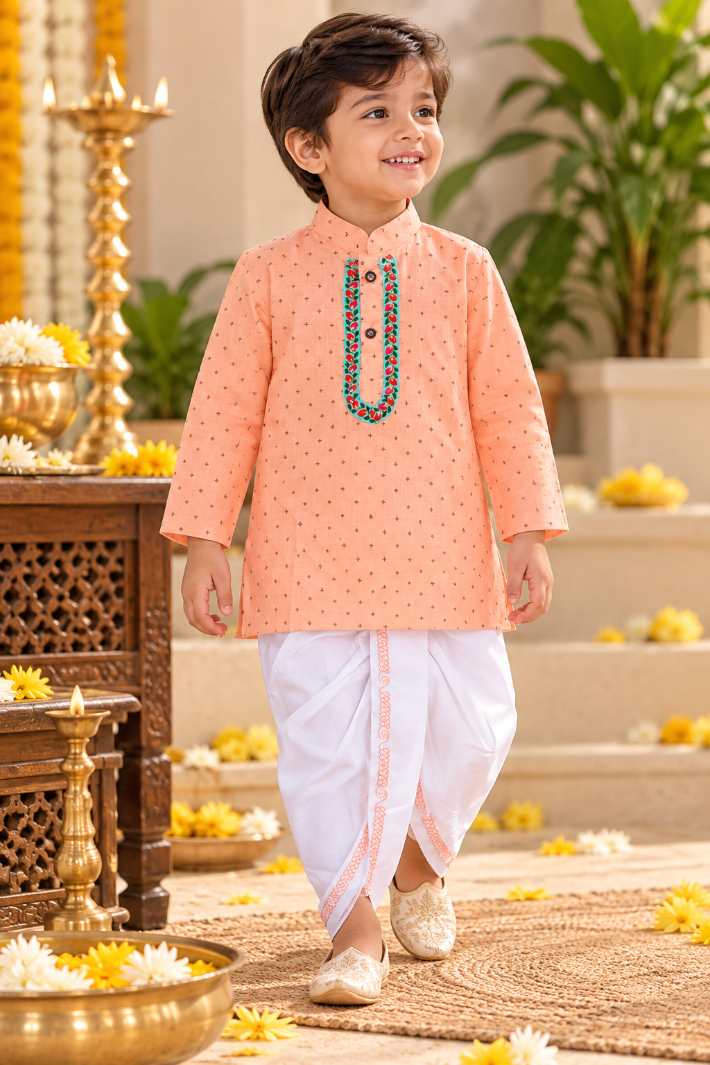  A boy is wearing Peach Printed Dhoti kurta .