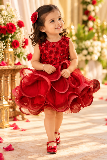 Little girl wearing red floral ruffle party dress