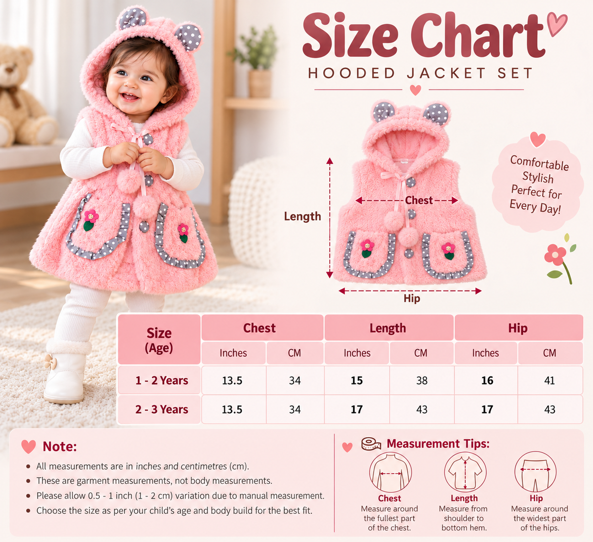 Baby Girls Fluffy Hooded Winter Jacket with Ears & Floral Pockets | Pink & Cream