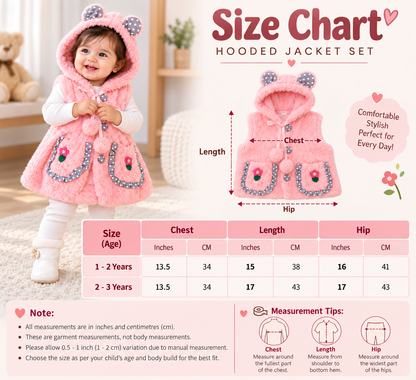 Baby Girls Fluffy Hooded Winter Jacket with Ears & Floral Pockets | Pink & Cream