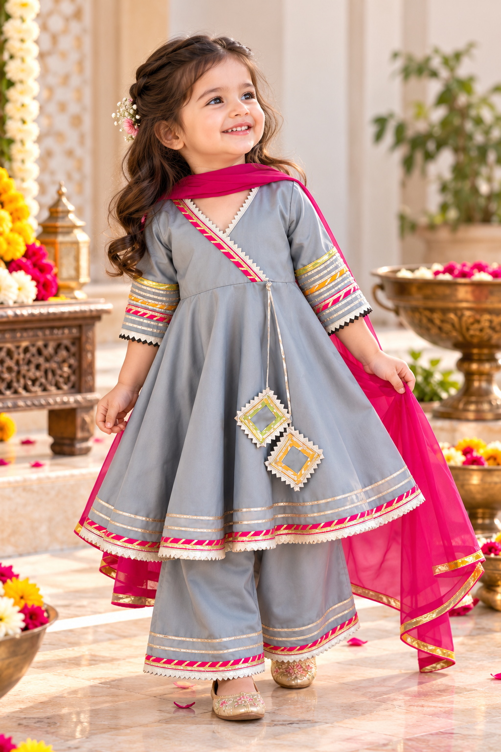 A cute girl wearing Grey Gota Patti Anarkali Kurta Palazzo Set