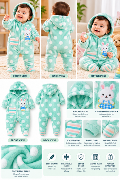 Baby Hooded Fleece Romper for Boys & Girls – Soft Winter Footed Jumpsuit with Bunny Patch