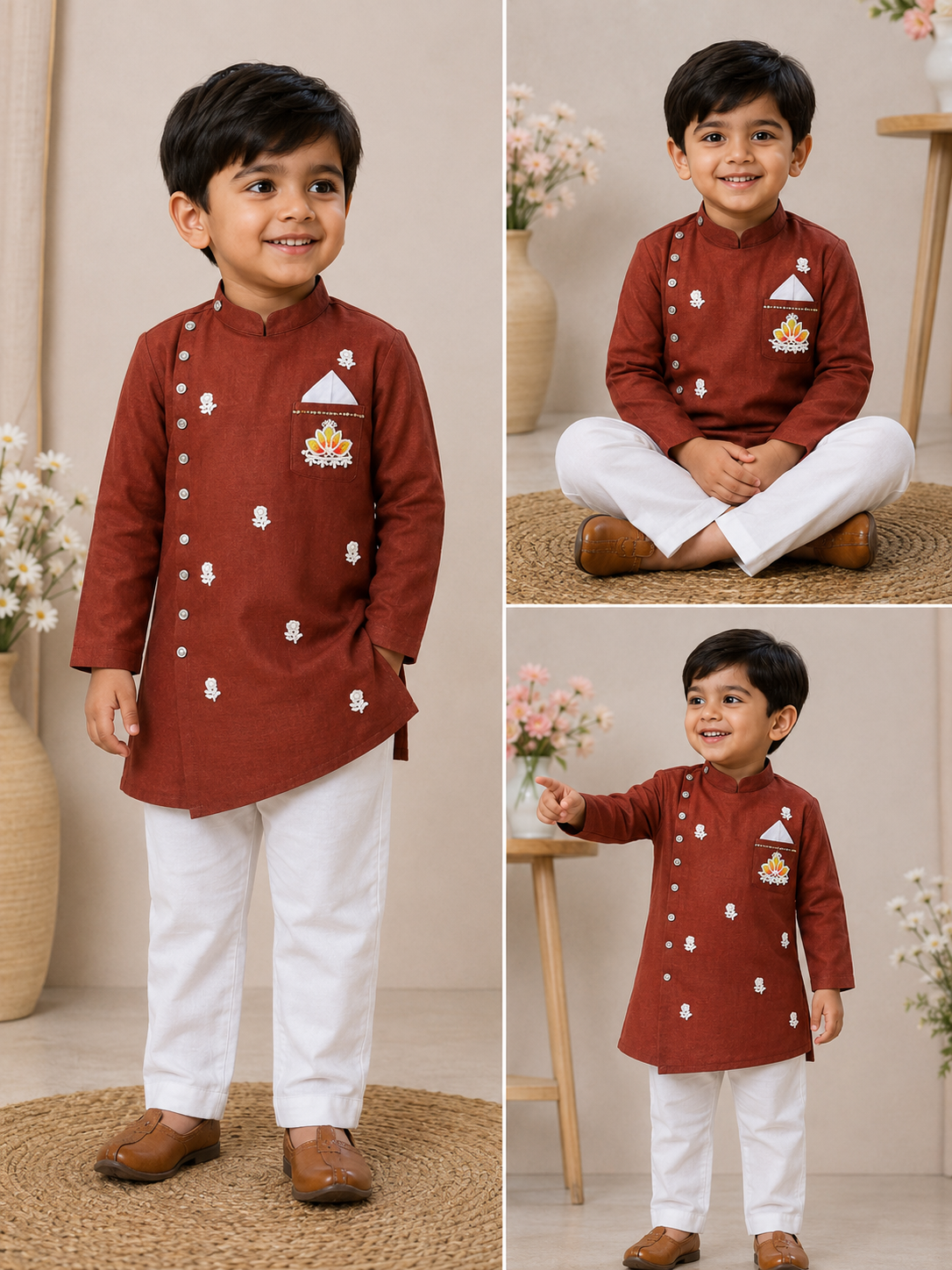 Boys  Rust Brown Sherwani style kurta pant set for traditional Occasions like festivals like Diwali, Onam, Durga Puja/Dussehra, Janmashtami, Raksha Bandhan, Eid Ul Fitr, Ganesh Chaturthi, Navratri, Diwali etc.