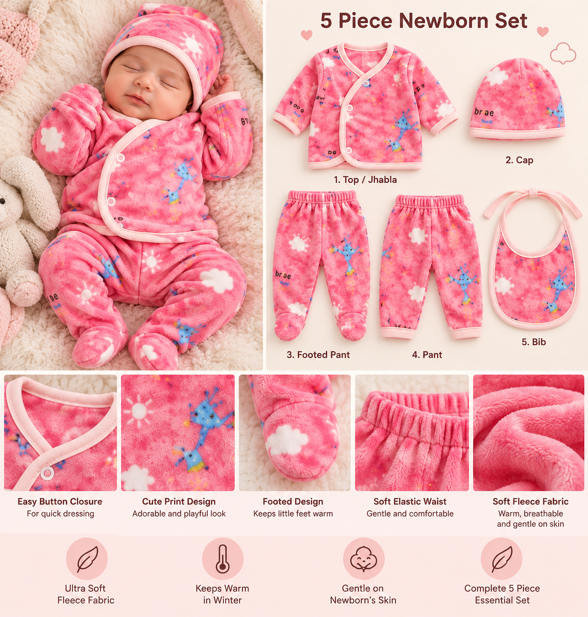 5-Piece Newborn Baby Winter Set – Soft Fleece Nightwear