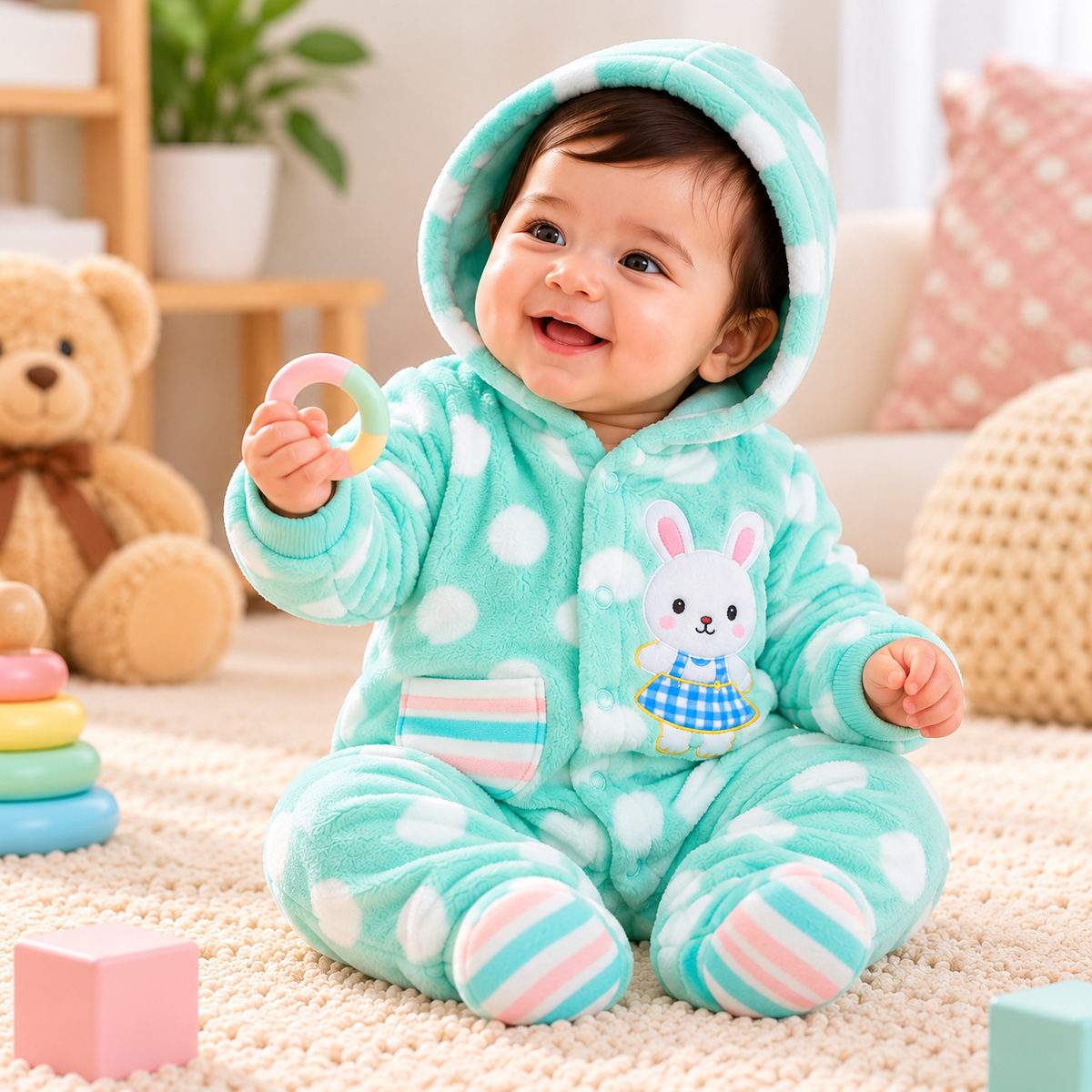 Baby Hooded Fleece Romper for Boys & Girls – Soft Winter Footed Jumpsuit with Bunny Patch
